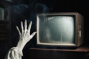 une main atteindre en dehors à un vieux télévision établi avec génératif ai technologie. photo