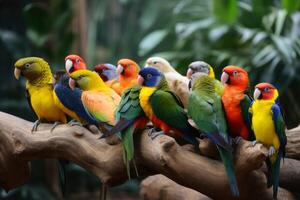 beaucoup coloré différent tropical des oiseaux séance ensemble sur une branche établi avec génératif ai technologie. photo