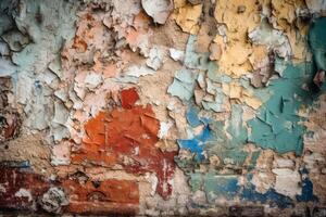 un vieux mur Contexte avec peindre peeling dans différent couleurs établi avec génératif ai technologie. photo
