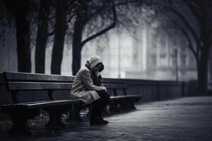 une solitaire et triste la personne séance sur une banc établi avec génératif ai technologie. photo