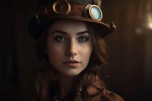 une magnifique portrait de une Jeune femme dans une steampunk tenue établi avec génératif ai technologie. photo
