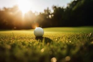 fermer de une le golf Balle sur le vert établi avec génératif ai technologie. photo