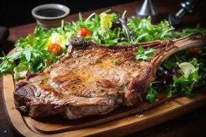 savoureux t OS steak sur une assiette avec certains salade établi avec génératif ai technologie. photo