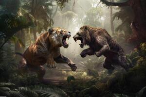 gronder dans le jungle deux bêtes combat établi avec génératif ai technologie. photo