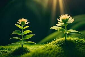 petit vert plante croissance sur mousse avec lumière du soleil et bokeh Contexte ai produire photo