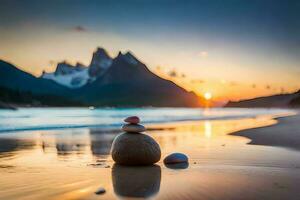 Zen des pierres sur le plage à le coucher du soleil ai produire photo
