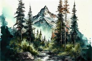 aquarelle Montagne vue avec une rivière et une maison ai génération photo