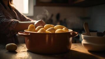 femme ajouter Patate à cuisine pot dans cuisine, génératif ai photo