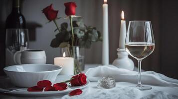 valentines journée dîner - blanc romantique table réglage avec du vin cadeau et rouge des roses, génératif ai photo