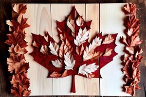 canadien drapeau fabriqué en dehors de réel érable feuilles sur une cèdre support. génératif ai photo