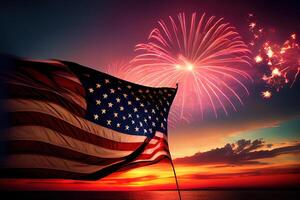 américain fête - Etats-Unis drapeau et feux d'artifice à le coucher du soleil. génératif ai photo