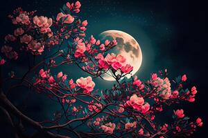 romantique nuit scène, magnifique rose fleur fleur dans nuit ciels avec plein lune. génératif ai photo