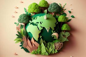 monde environnement et Terre journée concept avec globe et éco amical environnement-papier art. génératif ai photo