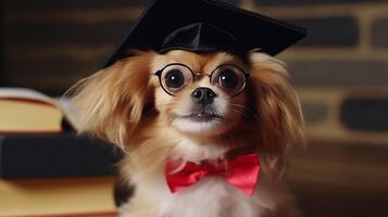 ai généré mignonne petit gingembre blanc chien étudiant dans des lunettes et un académique casquette mortier suivant à livres étude et éducation concept génératif ai photo