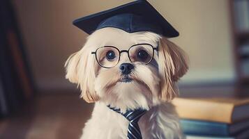 ai généré mignonne petit blanc duveteux chien étudiant dans des lunettes et un académique casquette mortier suivant à livres étude et éducation concept génératif ai photo