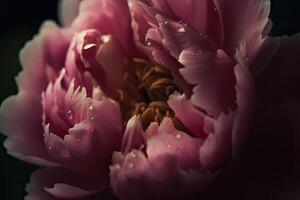 pivoine dans plein Floraison avec l'eau gouttes sur pétales. une frappant macro tir. génératif ai photo