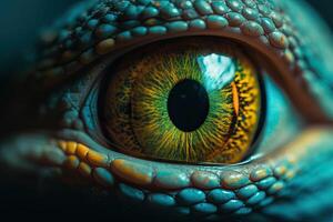 proche en haut de coloré lézard œil. une macro de une reptile multi coloré œil. génératif ai photo