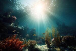 animaux de le sous-marin monde avec Soleil des rayons. corail récif et poisson. génératif ai photo