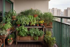 une légume et herbe jardin sur une métropolitain appartement balcon avec les plantes croissance en haut le côtés. génératif ai photo