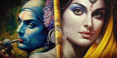 Seigneur krishna mur affiche, Seigneur radha Krishna, numérique mur affiche. ai généré. photo