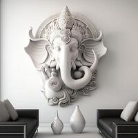 une blanc fortifiée pièce avec une statue de un Indien mythologique Dieu Seigneur ganesha comme mural. ai généré. photo