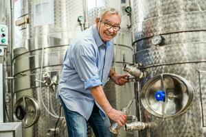 Sénior homme en fonctionnement une du vin réservoir dans le vignoble photo