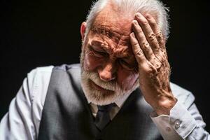 une Sénior homme ayant une mal de crâne photo