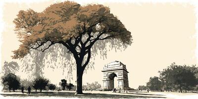 illustration de Inde porte dans Nouveau delhi sur abstrait drapeau tricolore Contexte. ai généré. photo