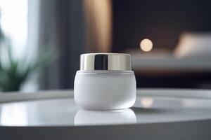 blanc, sans marque cosmétique crème pot à l'intérieur. peau se soucier produit présentation. soins de la peau, beauté et spa. blanc pot avec copie espace, Crème hydratante. génératif ai. photo