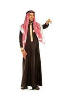 arabe homme pressage virtuel bouton sur blanc photo