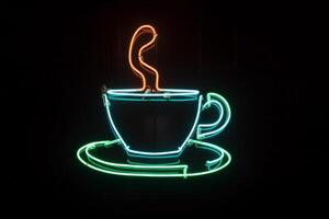 café tasse néon signe dans café. ai généré photo