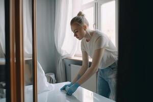 une Jeune fille nettoie en haut le appartement. ai généré photo