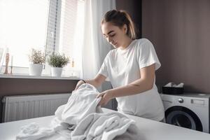 une Jeune fille nettoie en haut le appartement. ai généré photo