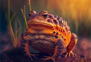 une gros crapaud vies dans une marais. soir temps. ai généré photo