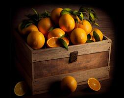 en bois boîte rempli avec des oranges. vendre des fruits. ai généré photo