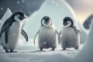 pingouins en jouant dans le neige. génératif ai photo