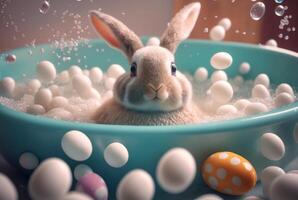 mignonne lapin prise une une baignoire dans une une baignoire avec des balles. génératif ai photo