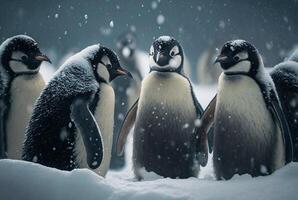 pingouins en jouant dans le neige. génératif ai photo