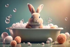 mignonne lapin prise une une baignoire dans une une baignoire avec des balles. génératif ai photo