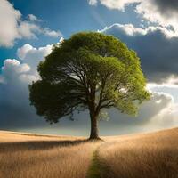 isolé arbre croissance dans le nuage entouré par herbes ai généré photo