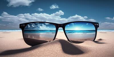 des lunettes de soleil sur le plage ai généré photo