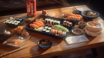 table plein de Sushi et baguettes ai généré photo