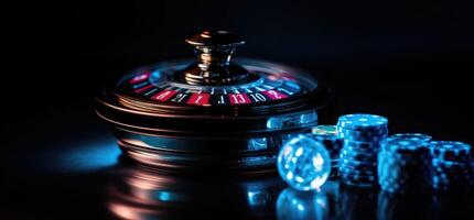 roulette roue avec bleu Contexte et lumières, casino photo. génératif ai photo