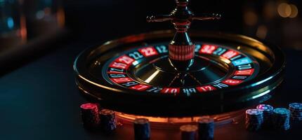 roulette roue avec bleu Contexte et lumières, casino photo. génératif ai photo