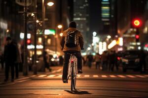 photo de une la personne équitation une bicyclette dans le ville foule en dessous de le lumières à nuit dans le ville, et parmi le foules de personnes. génératif ai.