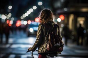 photo de une la personne équitation une bicyclette dans le ville foule en dessous de le lumières à nuit dans le ville, et parmi le foules de personnes. génératif ai.