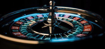 roulette roue avec bleu Contexte et lumières, casino photo. génératif ai photo