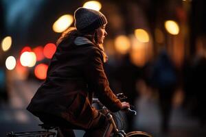 photo de une la personne équitation une bicyclette dans le ville foule en dessous de le lumières à nuit dans le ville, et parmi le foules de personnes. génératif ai.