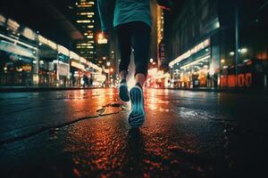 photo de un athlète le jogging dans de face de bokeh lumières à nuit dans le ville. génératif ai