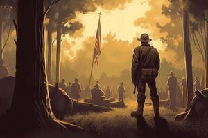 Mémorial journée illustration. conception avec américain drapeaux, soldats et pierres tombales avec génératif ai photo